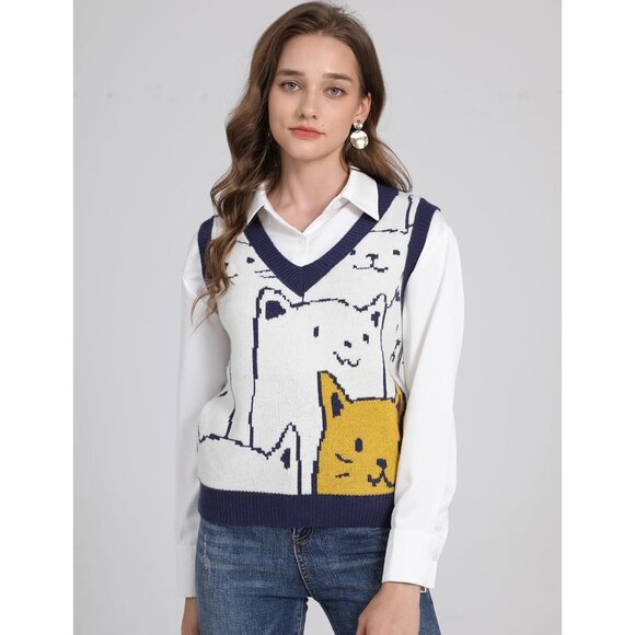 Womens Cats Print Knit Sweater Vest V Neck Sleeveless Tank Top Small - Picture 2 of 7